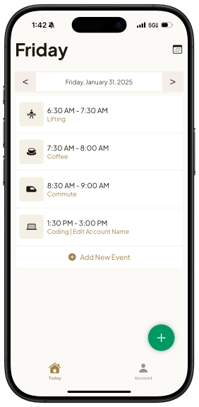 TimeBlox AI on iPhone, showing a Friday schedule of time blocks
